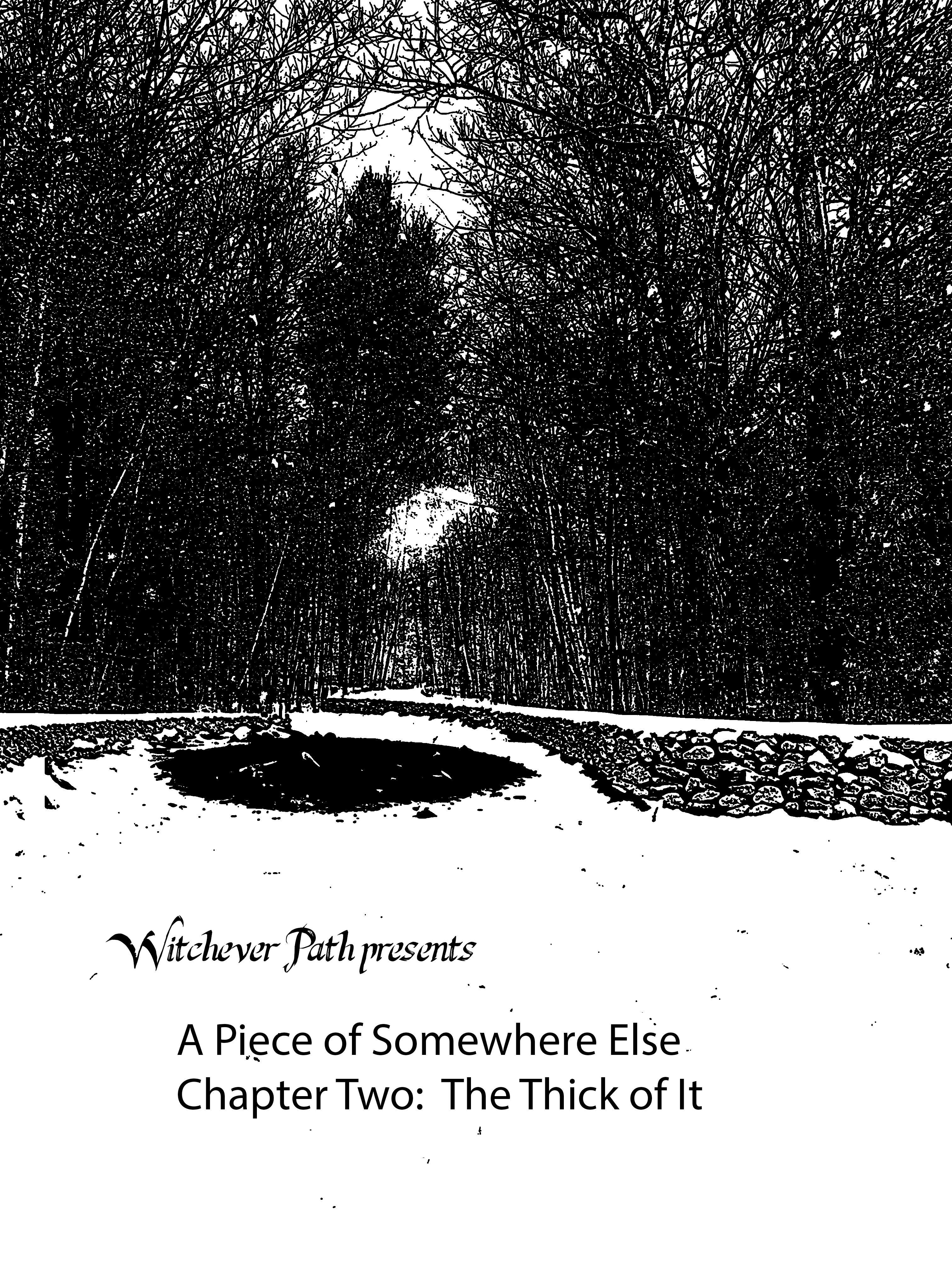 A Black and White photo of a forest with a property wall covered in a snow. In front of it is a burnt out fire pit.